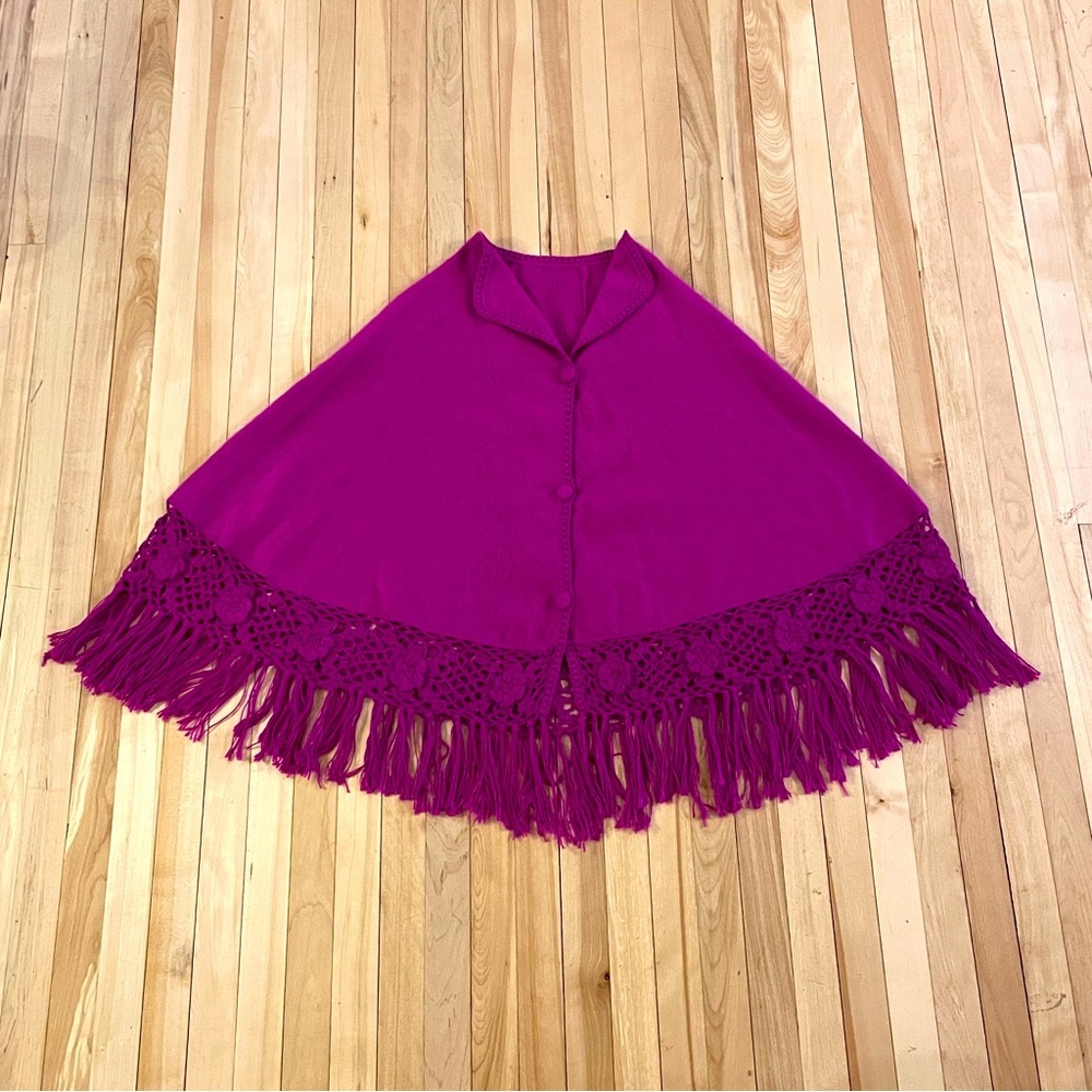 Beautiful Fuchsia Alpaca Camargo Wool Cape with Hand Crochet Roses/Fringe